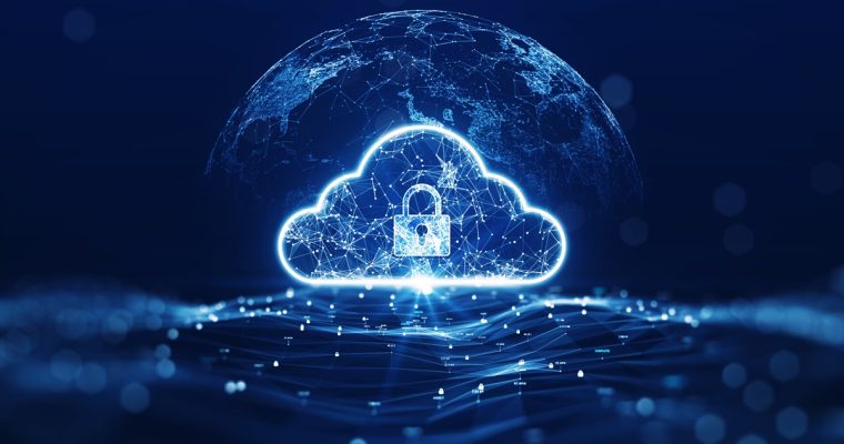 cloud computing technology concept transfer database to cloud. There is a large cloud icon that stands out in the center of the abstract world above the polygon with a dark blue background.
